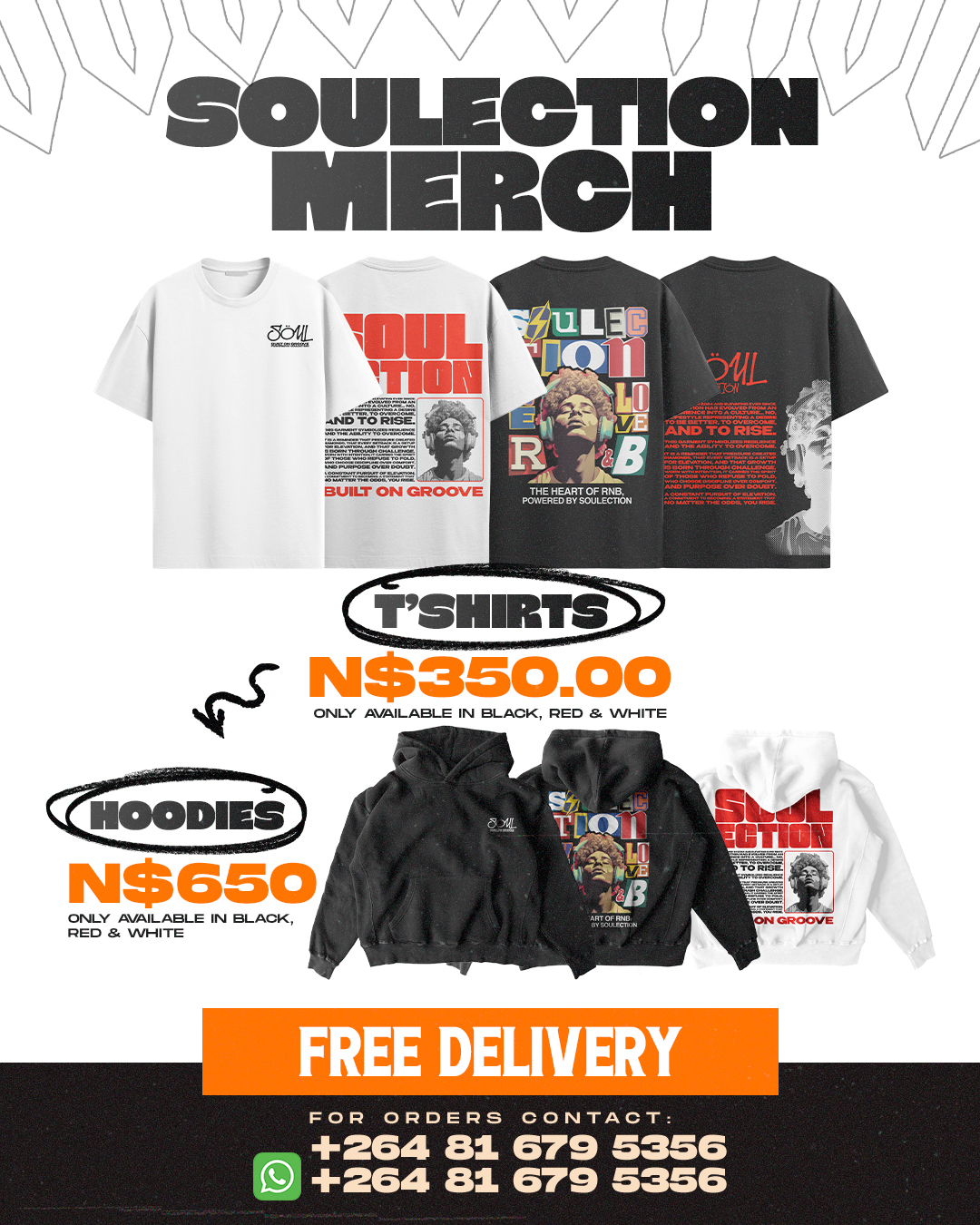 Official Soulection merchandise artwork — T-shirts and hoodies in white, red and black.